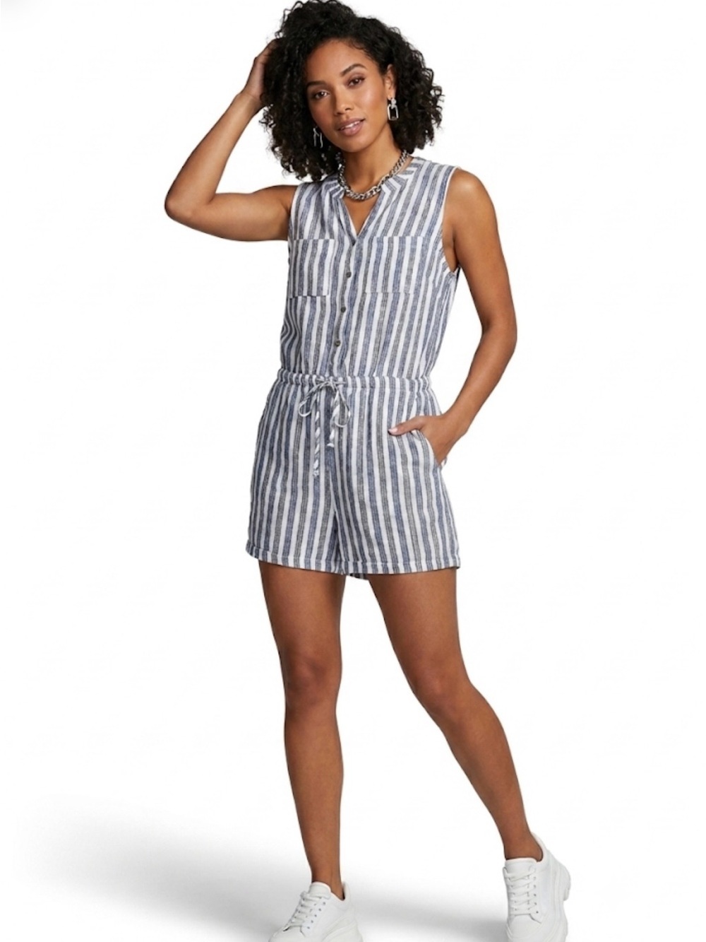 Kelly Renee Linen Blend Striped Sleeveless Romper – Size Medium – Blue & White